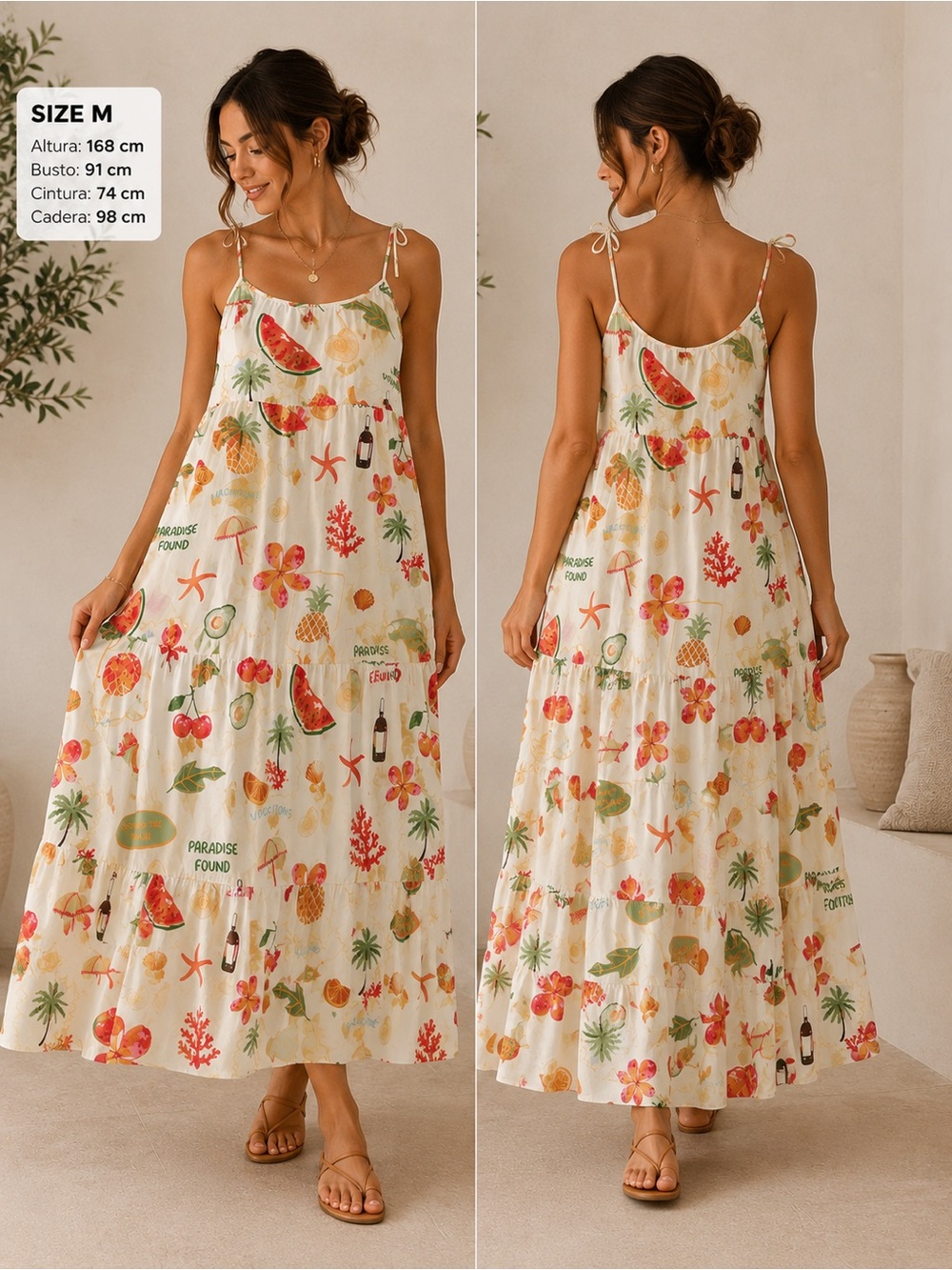 Women’s Cream Tropical Print Tie-Shoulder Maxi Dress